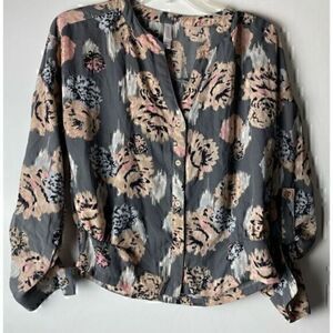 Gray & Peach Long Sleeve Floral Print Blouse by Xhilaration Size XS